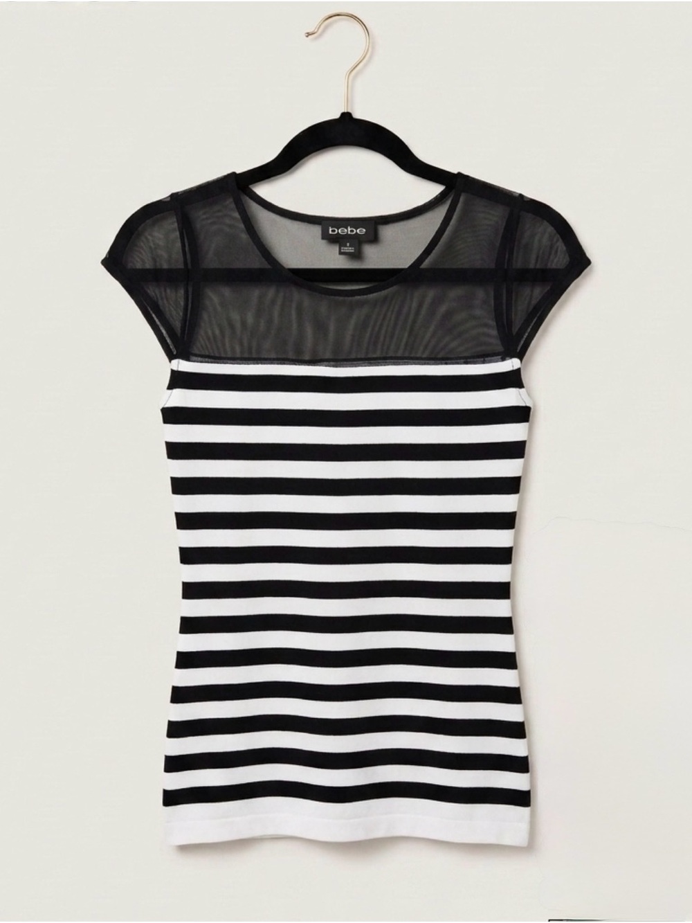 bebe Black & White Striped Top with Sheer Mesh Yoke